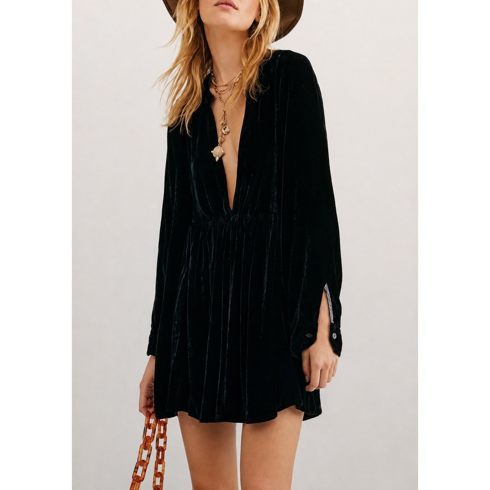 Free People x CP Shades Jacey Velvet Mini Dress Black Silk Blend Deep V-Neck- S